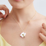 Asymmetrical Post Earrings with White and Pink Cosmos Flower and Gold Bee