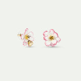 Asymmetrical Post Earrings with White and Pink Cosmos Flower and Gold Bee