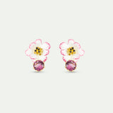 White and Pink Cosmos Flower Post Earrings with Pink Round Stone