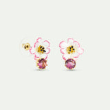 White and Pink Cosmos Flower Post Earrings with Pink Round Stone