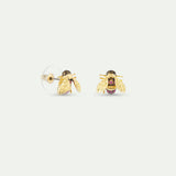 Gold Bee and Pink Stone Post Earrings