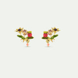 Round Pink Stone Post Earrings with Gold Bee, Raspberry and Pearls