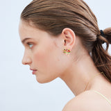 Round Pink Stone Post Earrings with Gold Bee, Raspberry and Pearls