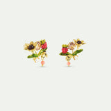 Round Pink Stone Post Earrings with Gold Bee, Raspberry and Pearls