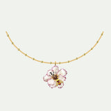 Pendant Necklace with White and Pink Cosmos Flower and Gold Bee