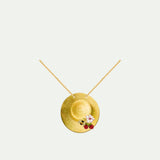Pendant Necklace with Gold Hat, Cosmos, Bee, Raspberry and Pink Crystal