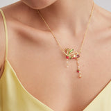 Statement Necklace with Flowers, Raspberries, Pink Stone and Pearls