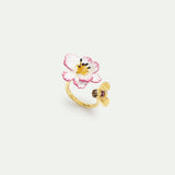 Adjustable Ring with White and Pink Cosmos Flower and Gold Bee