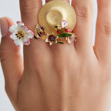 Adjustable Ring with White and Pink Cosmos Flower and Gold Bee