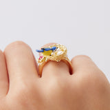 Gold Nest Ring with Blue Tit and Rose