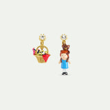Asymmetrical Clip Earrings with Flower Basket and Goldilocks Design, Faceted Crystal