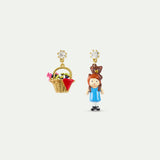 Asymmetrical Post earrings with flower basket and Goldilocks, faceted crystal