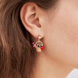 Asymmetrical Clip Earrings with Flower Basket and Goldilocks Design, Faceted Crystal