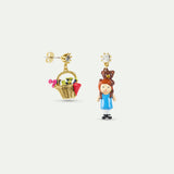 Asymmetrical Post earrings with flower basket and Goldilocks, faceted crystal