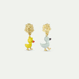 Asymmetrical Clip On Earrings with Little Yellow and Blue Duck and Golden Flower