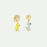 Asymmetrical Clip On Earrings with Little Yellow and Blue Duck and Golden Flower
