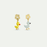 Asymmetrical Clip On Earrings with Little Yellow and Blue Duck and Golden Flower