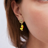 Asymmetrical Clip On Earrings with Little Yellow and Blue Duck and Golden Flower