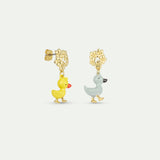 Asymmetrical Clip On Earrings with Little Yellow and Blue Duck and Golden Flower