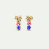 Coral Clip-On Earrings with Blue Faceted Stone, Pink Flower and Golden Coral
