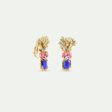 Coral Clip-On Earrings with Blue Faceted Stone, Pink Flower and Golden Coral