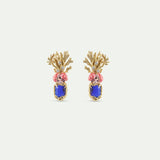 Coral Post Earrings with Blue Faceted Stone, Pink Flower and Golden Coral