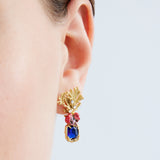 Coral Post Earrings with Blue Faceted Stone, Pink Flower and Golden Coral