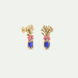 Coral Post Earrings with Blue Faceted Stone, Pink Flower and Golden Coral