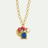Necklace with Square Blue Stone, Coral and Pearl