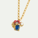 Necklace with Square Blue Stone, Coral and Pearl