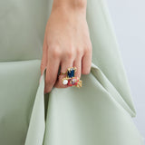 Adjustable Gold Ring with Square Blue Stone, Coral and Pearl