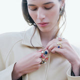 Adjustable Gold Ring with Square Blue Stone, Coral and Pearl