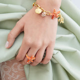 Adjustable Orange Starfish Ring with Multicoloured Crystals