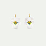 White Pansy and Cut Crystal Sleeper Earrings