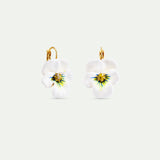 White Pansy and Cut Crystal Sleeper Earrings