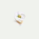 White Pansy and Cut Crystal Cocktail Ring