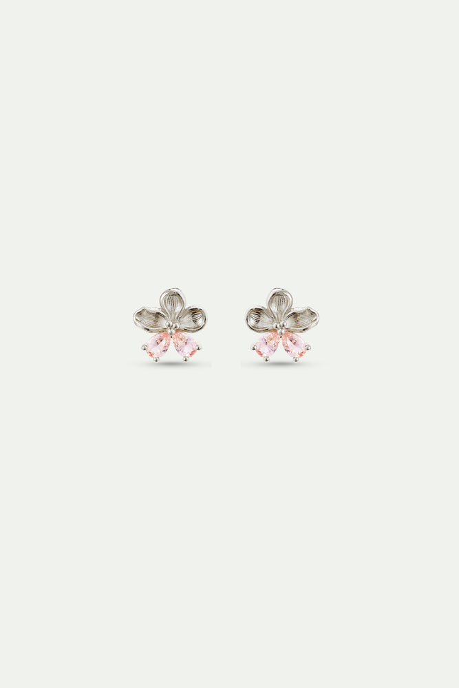 Silver Cherry Blossom and Pink Stone Post Earrings