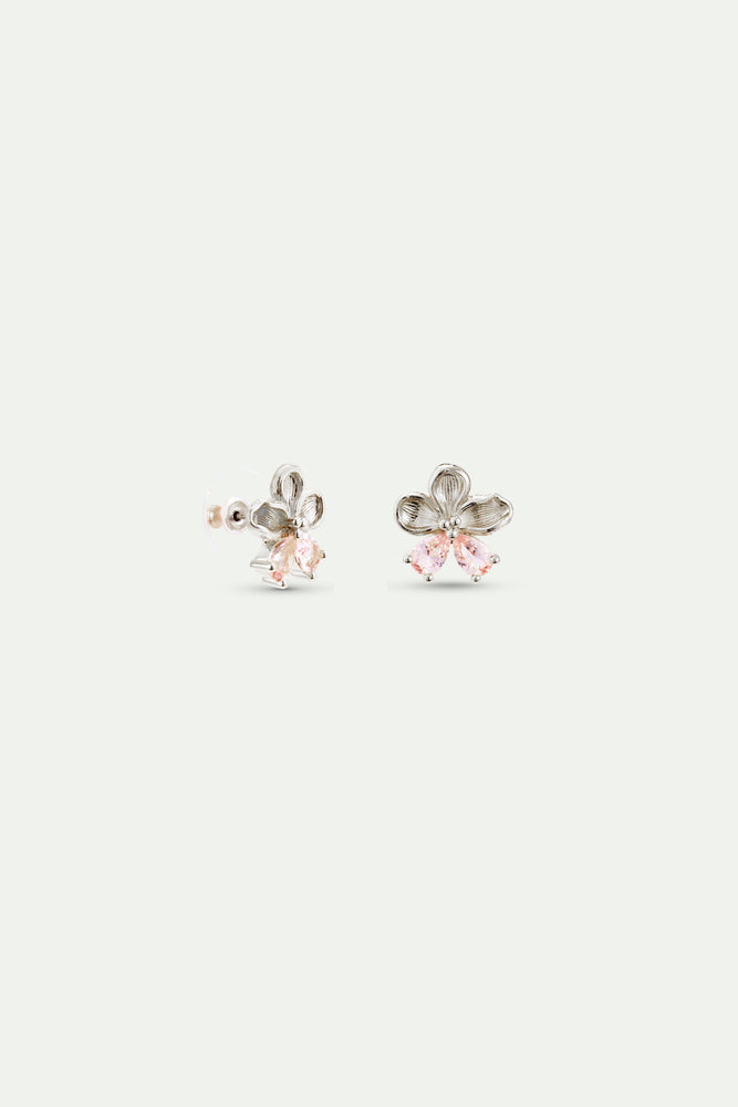 Silver Cherry Blossom and Pink Stone Post Earrings