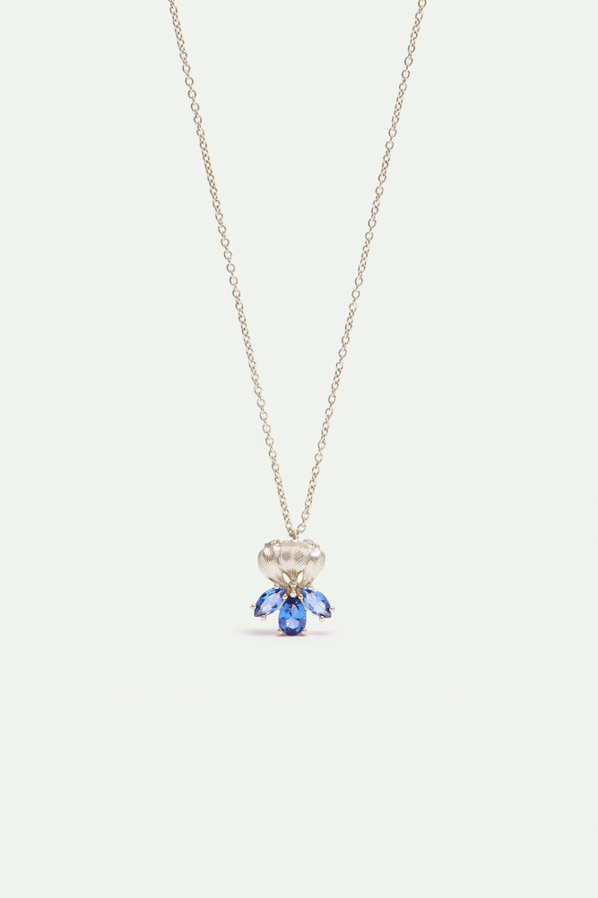 Silver Iris and Blue Stone Pendant Necklace