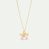 Cherry Blossom and Pink Stones Golden Pendant Necklace