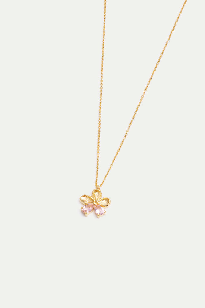 Cherry Blossom and Pink Stones Golden Pendant Necklace
