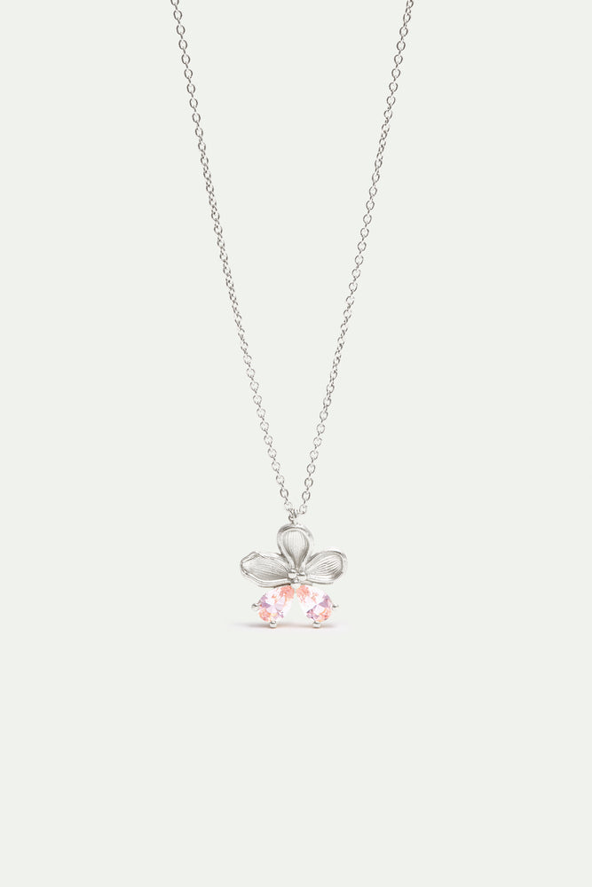 Cherry Blossom and Pink Stones Silver Pendant Necklace