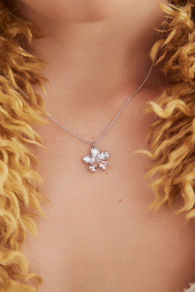 Cherry Blossom and Pink Stones Silver Pendant Necklace