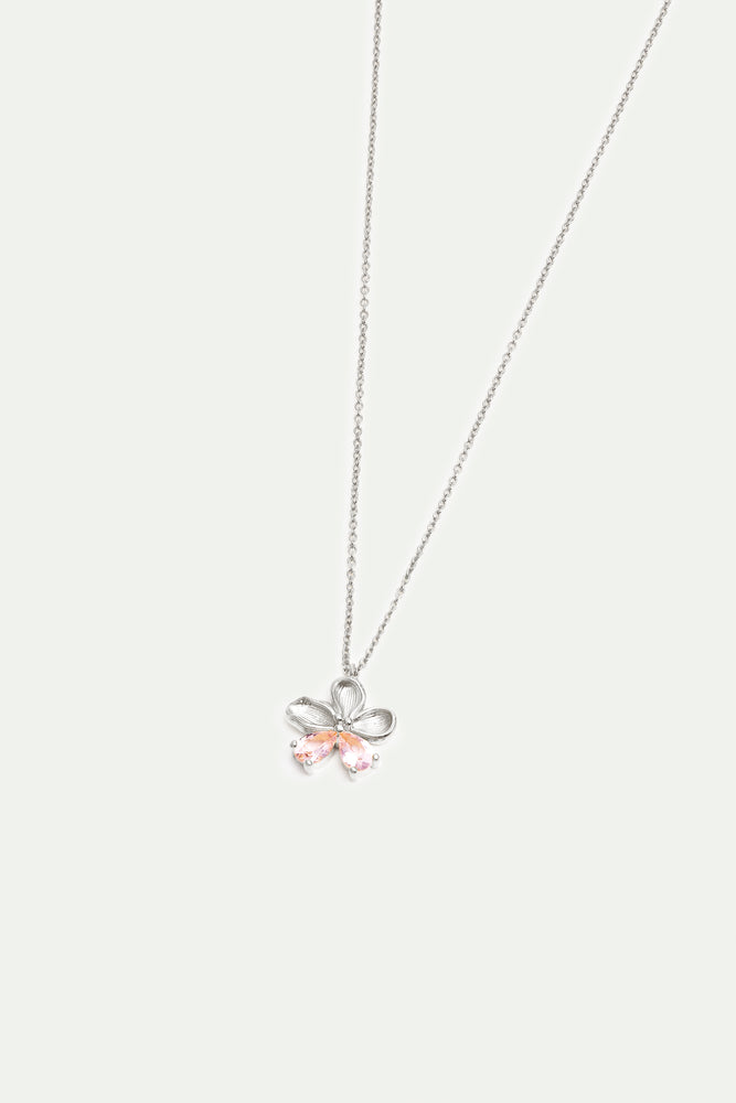 Cherry Blossom and Pink Stones Silver Pendant Necklace