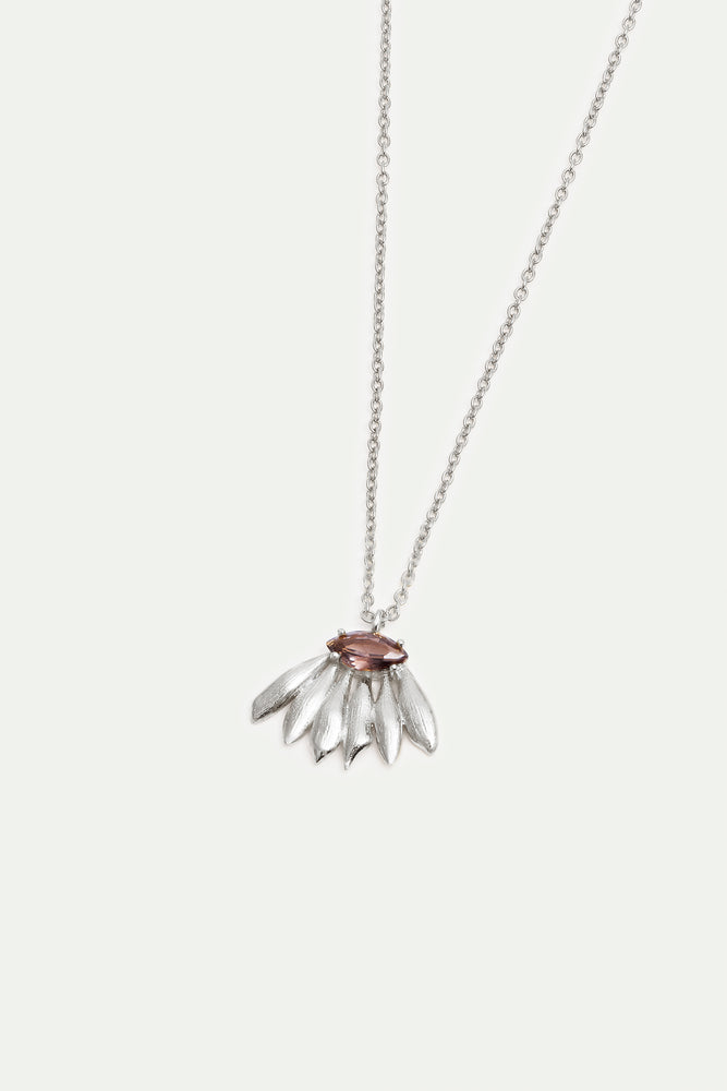 Silver Sunflower and Purple Stone Pendant Necklace