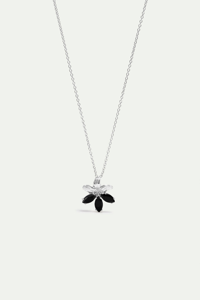 Silver Lily and Black Stone Pendant Necklace