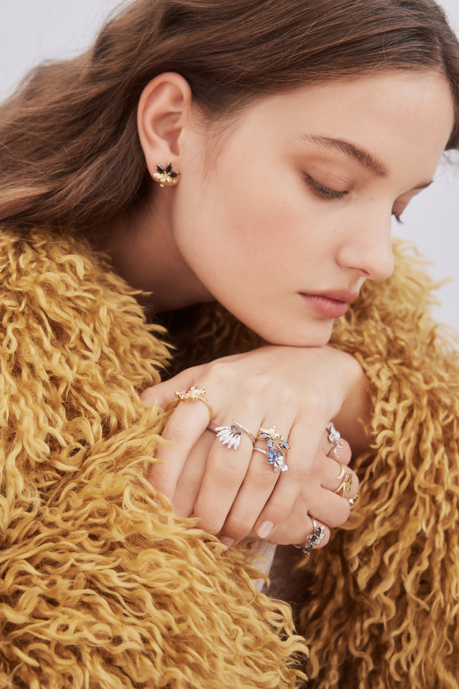 Silver Iris and Blue Stones Adjustable Ring