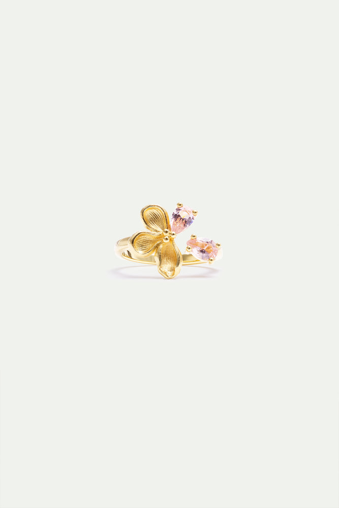 Adjustable Gold Ring with Cherry Blossom and Pink Stones