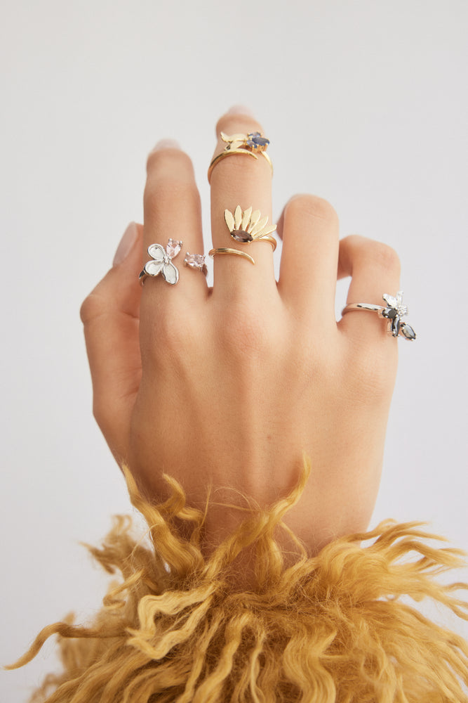 Adjustable Silver Ring with Cherry Blossom and Pink Stones