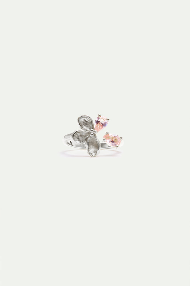 Adjustable Silver Ring with Cherry Blossom and Pink Stones